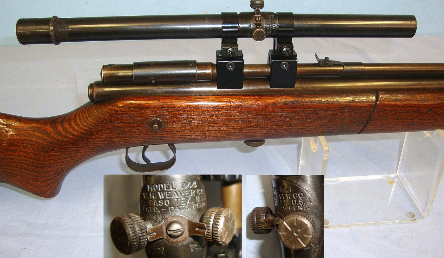 1954 - 1968 Crosman USA Model 140 Single Shot .22 Calibre Pneumatic Pump Action Air Rifle With Weaver USA Model 244 Telescopic Sight. Sn 23455 air rifle .22