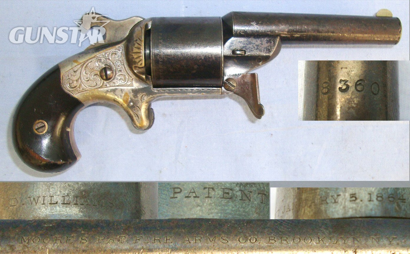 MINT BORE**1864-1870 American Civil War Era .30 Calibre Moore’s Firearms Mfg Co Williamson’s 1864 Patent Factory Nickel Plated Brass Frame 6 Shot Teat Fire Revolver. Sn 22703 .30 Revolver in 