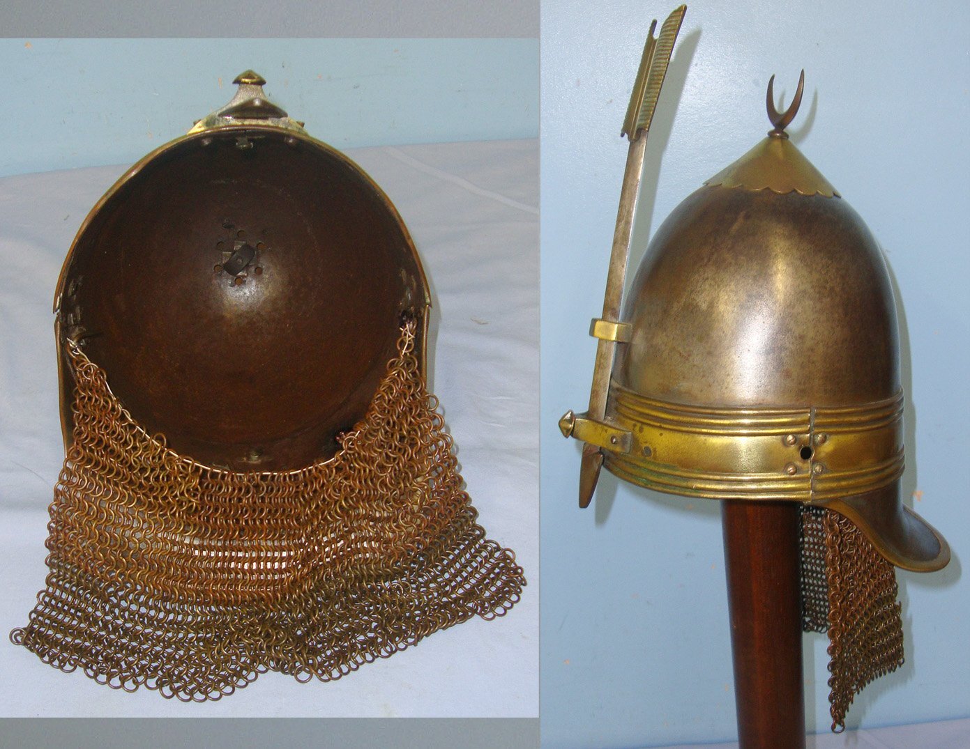 SCARCE**C1870 Bodyguard of the Khedive of Egypt (Khedivate Ismail Pasha 1867 – 1879) Iron Helmet With Adjustable Iron & Brass Arrow Form Nose / Face Guard & Chain Mail Protective Neck Guard Skirt. Sn 22825  Antique & Militaria