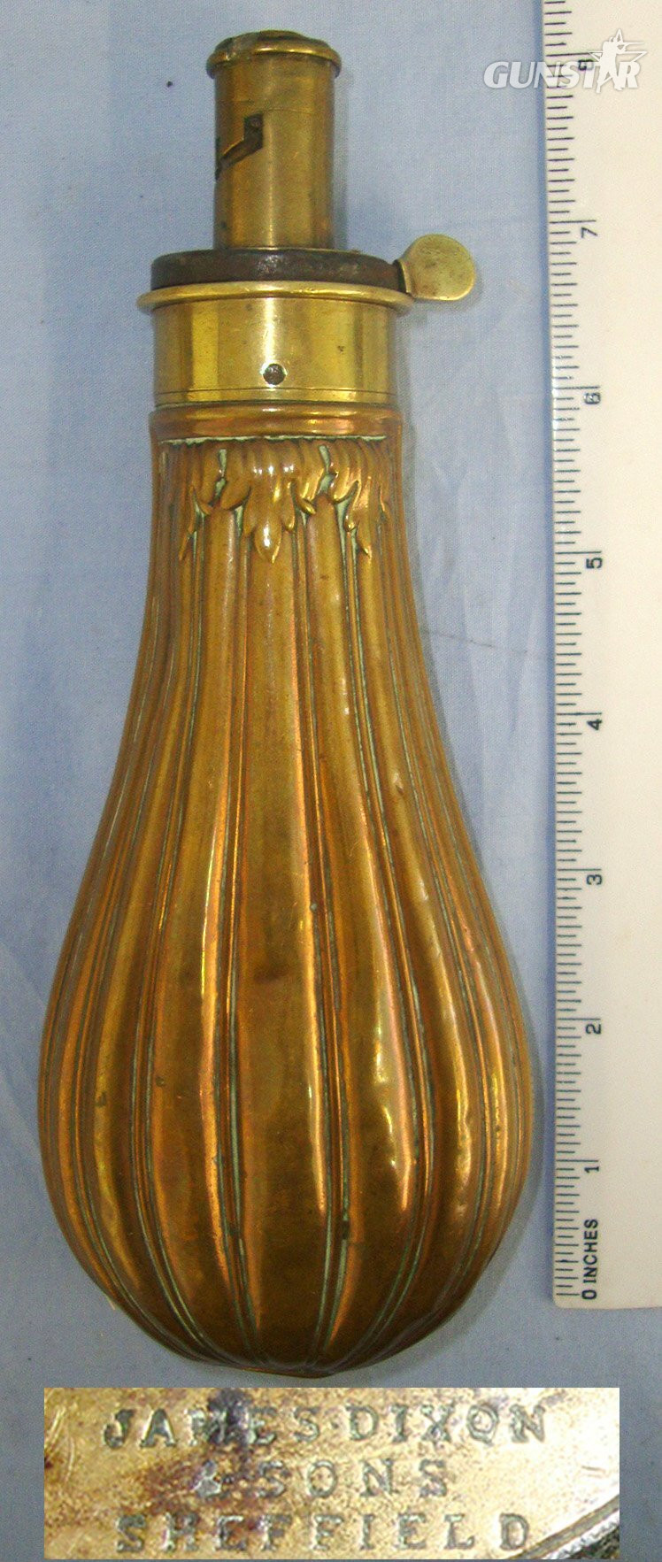 Victorian Gun Size James Dixon & Sons Sheffield Embossed Fluted Design Copper Black Powder Flask With Sprung Brass Nozzle Charger. MISC 838  Magazine in 