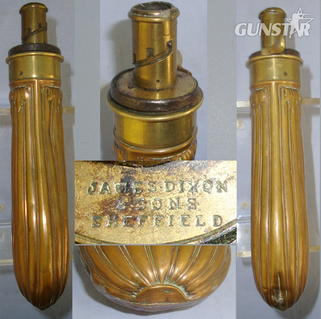 Victorian Gun Size James Dixon & Sons Sheffield Embossed Fluted Design Copper Black Powder Flask With Sprung Brass Nozzle Charger. MISC 838  Magazine