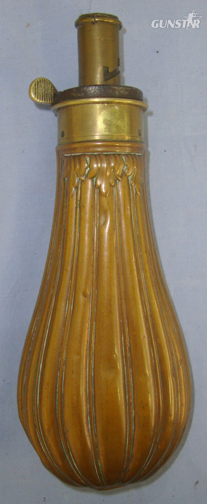  Victorian Gun Size James Dixon & Sons Sheffield Embossed Fluted Design Copper Black Powder Flask With Sprung Brass Nozzle Charger. MISC 838  Magazine