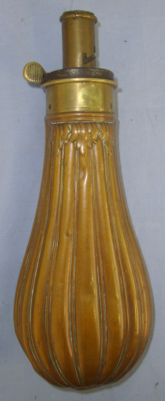  Victorian Gun Size James Dixon & Sons Sheffield Embossed Fluted Design Copper Black Powder Flask With Sprung Brass Nozzle Charger. MISC 838  Magazine