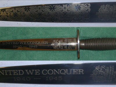 RARE**Limited Edition One Of Only 400**Cased, WW2 Commemorative Wilkinson Sword Fairbairn Sykes 3rd Pattern FS Fighting Knife \'United We Conquer 1940-1945\' With Etched Blade. Sn 21466 Knive
