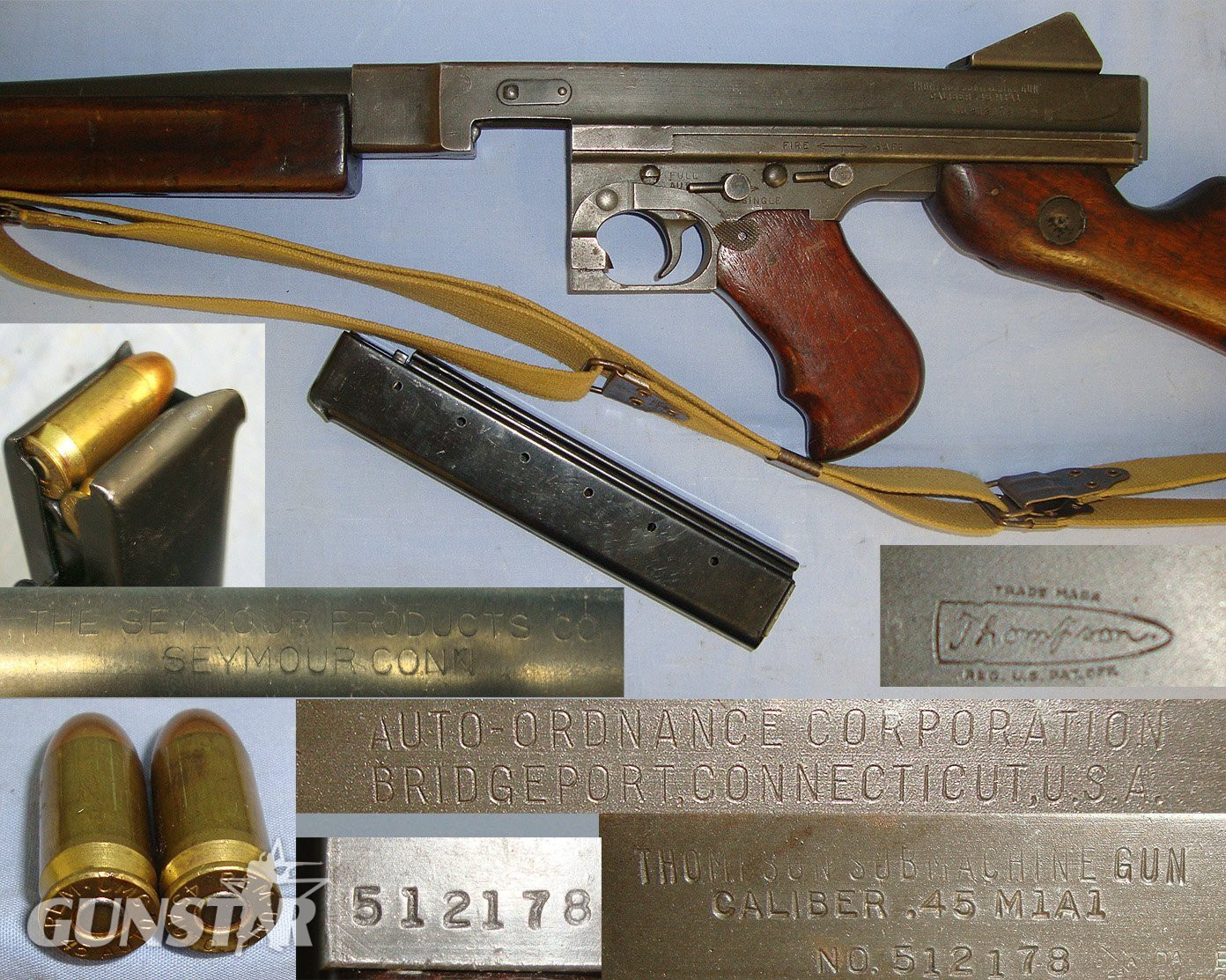 WW2 Thompson USA M1A1 Auto Ordnance Corp .45 ACP Sub Machine Gun With Seymour Products Co 30 Round Stick Magazine, Sling & 2 Inert Deactivated Rounds Of Ammunition**MOVING PARTS**UK/EU 2023 DEACTIVATION**D 6060 deactivated Thompson None  Machine Gun