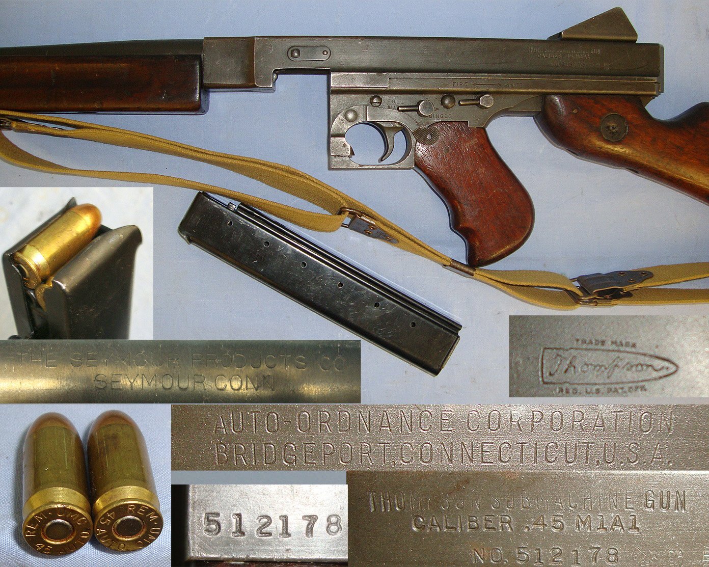 WW2 Thompson USA M1A1 Auto Ordnance Corp .45 ACP Sub Machine Gun With Seymour Products Co 30 Round Stick Magazine, Sling & 2 Inert Deactivated Rounds Of Ammunition**MOVING PARTS**UK/EU 2023 DEACTIVATION**D 6060 None Machine Gun
