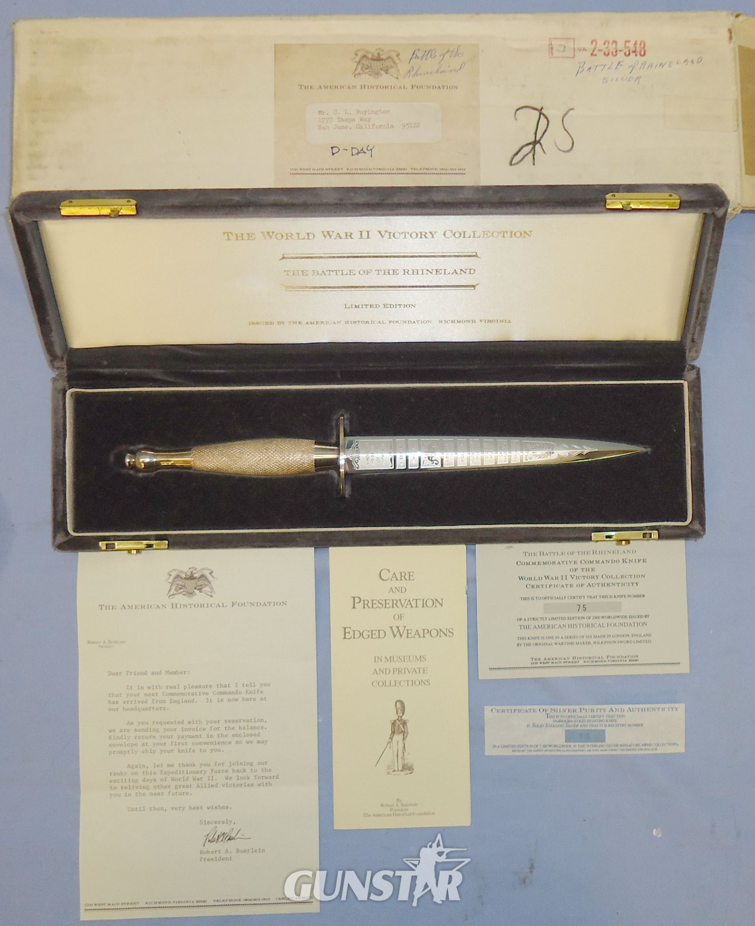 MINT Boxed & Cased Limited Edition No.75 of 7,500 Commemorative 2nd Pattern FS Fighting Knife \'The Battle Of The Rhineland\' By Wilkinson Sword From The Sterling Silver WW2 Victory Collection By The American Historical Foundation. ED 251. Dagger in 