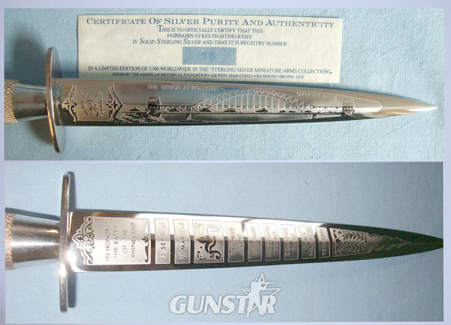MINT Boxed & Cased Limited Edition No.75 of 7,500 Commemorative 2nd Pattern FS Fighting Knife \'The Battle Of The Rhineland\' By Wilkinson Sword From The Sterling Silver WW2 Victory Collection By The American Historical Foundation. ED 251. Dagger