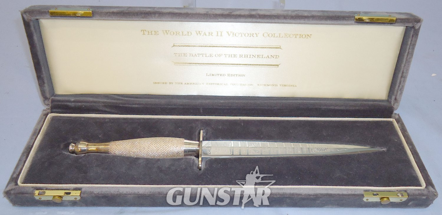  MINT Boxed & Cased Limited Edition No.75 of 7,500 Commemorative 2nd Pattern FS Fighting Knife \'The Battle Of The Rhineland\' By Wilkinson Sword From The Sterling Silver WW2 Victory Collection By The American Historical Foundation. ED 251. Dagger
