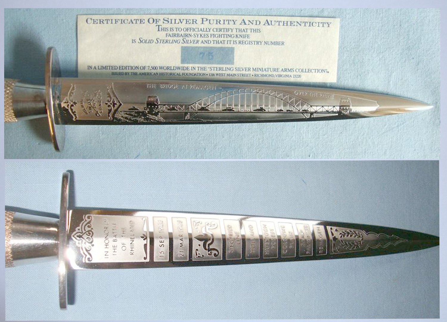 MINT Boxed & Cased Limited Edition No.75 of 7,500 Commemorative 2nd Pattern FS Fighting Knife \'The Battle Of The Rhineland\' By Wilkinson Sword From The Sterling Silver WW2 Victory Collection By The American Historical Foundation. ED 251. Dagger