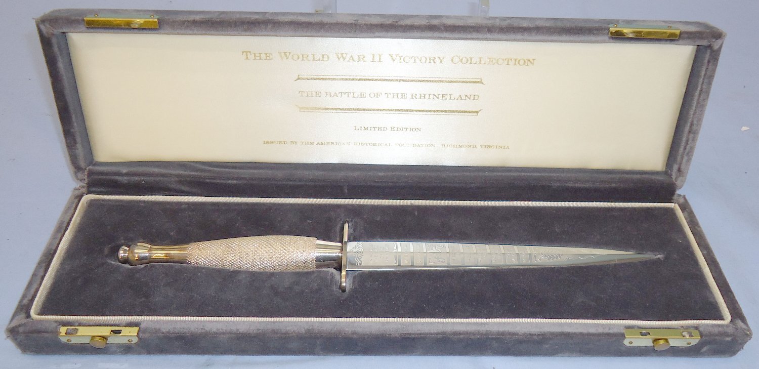  MINT Boxed & Cased Limited Edition No.75 of 7,500 Commemorative 2nd Pattern FS Fighting Knife \'The Battle Of The Rhineland\' By Wilkinson Sword From The Sterling Silver WW2 Victory Collection By The American Historical Foundation. ED 251. Dagger