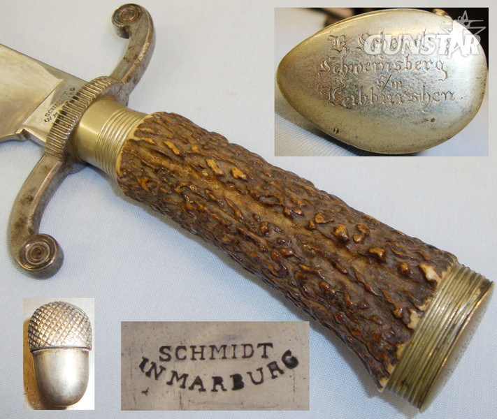 Imperial German Boar Hunting Dagger/ Sidearm With Stag Horn Grip By Schmidt Marburg With Engraved German Silver Pommel Cap H.Schenck, Schweinsburg s/m Leibb & Scabbard. Sn:10063. Hunting Knive