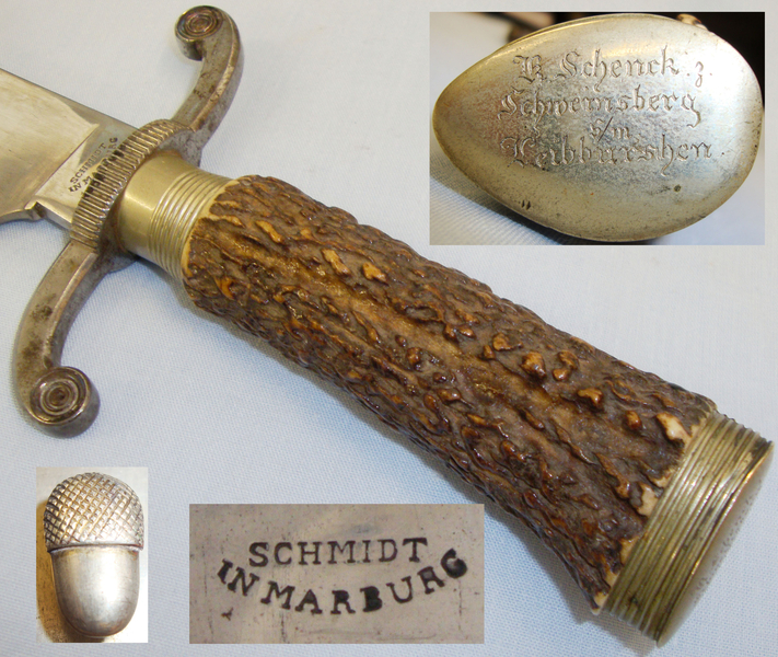 Imperial German Boar Hunting Dagger/ Sidearm With Stag Horn Grip By Schmidt Marburg With Engraved German Silver Pommel Cap H.Schenck, Schweinsburg s/m Leibb & Scabbard. Sn:10063. Hunting Knive