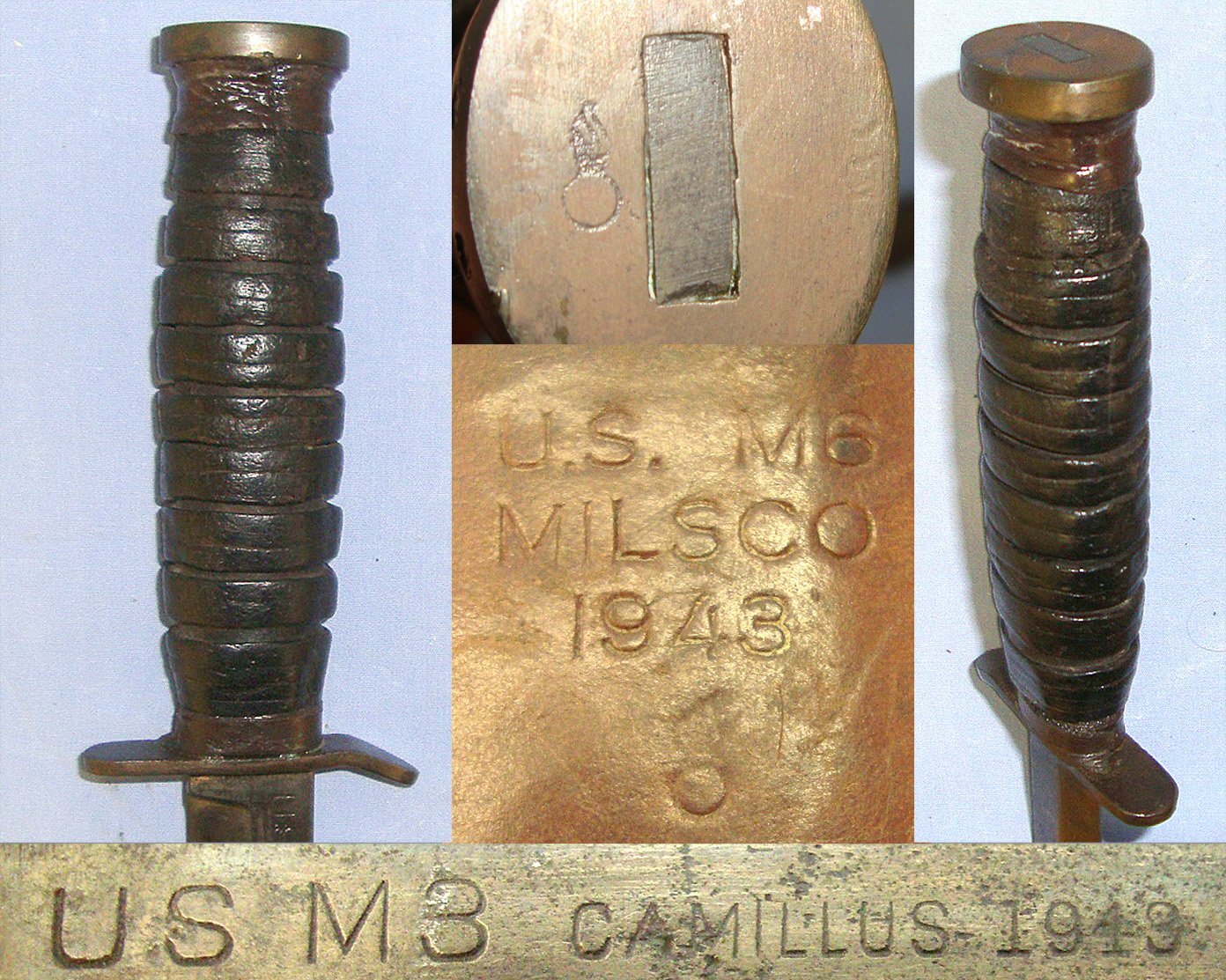 RARE**MATCHING DATES**WW2 1943 U.S. Army 1st Pattern Camillus USA Blade Marked M3 Trench Fighting Knife & Correct WW2 1943 M6 Leather Scabbard By MILSCO (Milwaukee Saddlery Company). ED 3032 Knive
