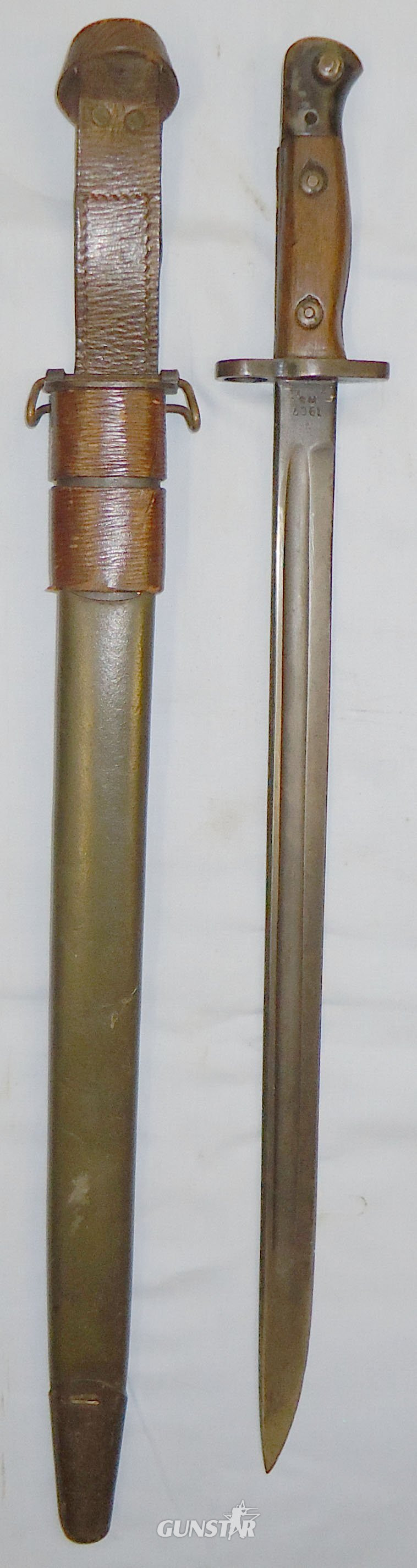 WWI British Home guard P1907 by Manufacturer Sanderson and First Pattern Scabbard by Jewell with U.S. Fittings and Home Guard Frog. 22426:55. Bayonet in 
