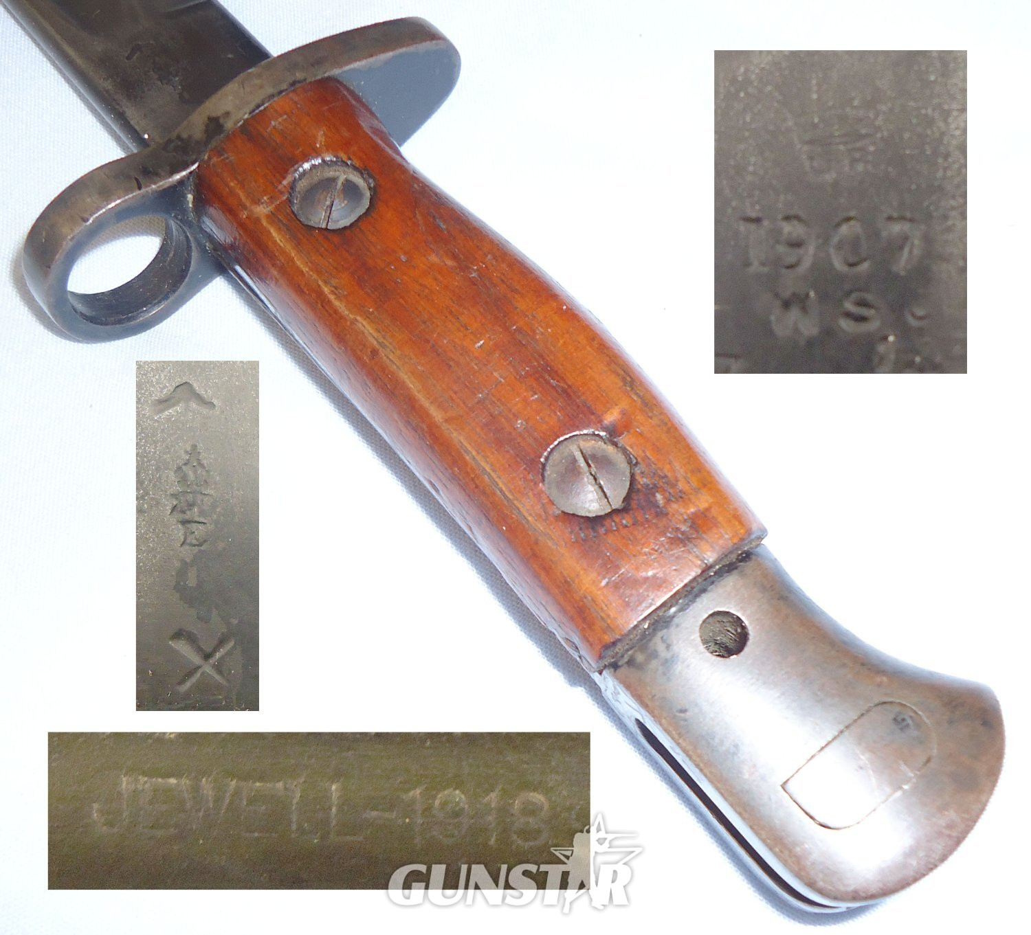 WWI British Home guard P1907 by Manufacturer Sanderson and First Pattern Scabbard by Jewell with U.S. Fittings and Home Guard Frog. 22426:55. Bayonet