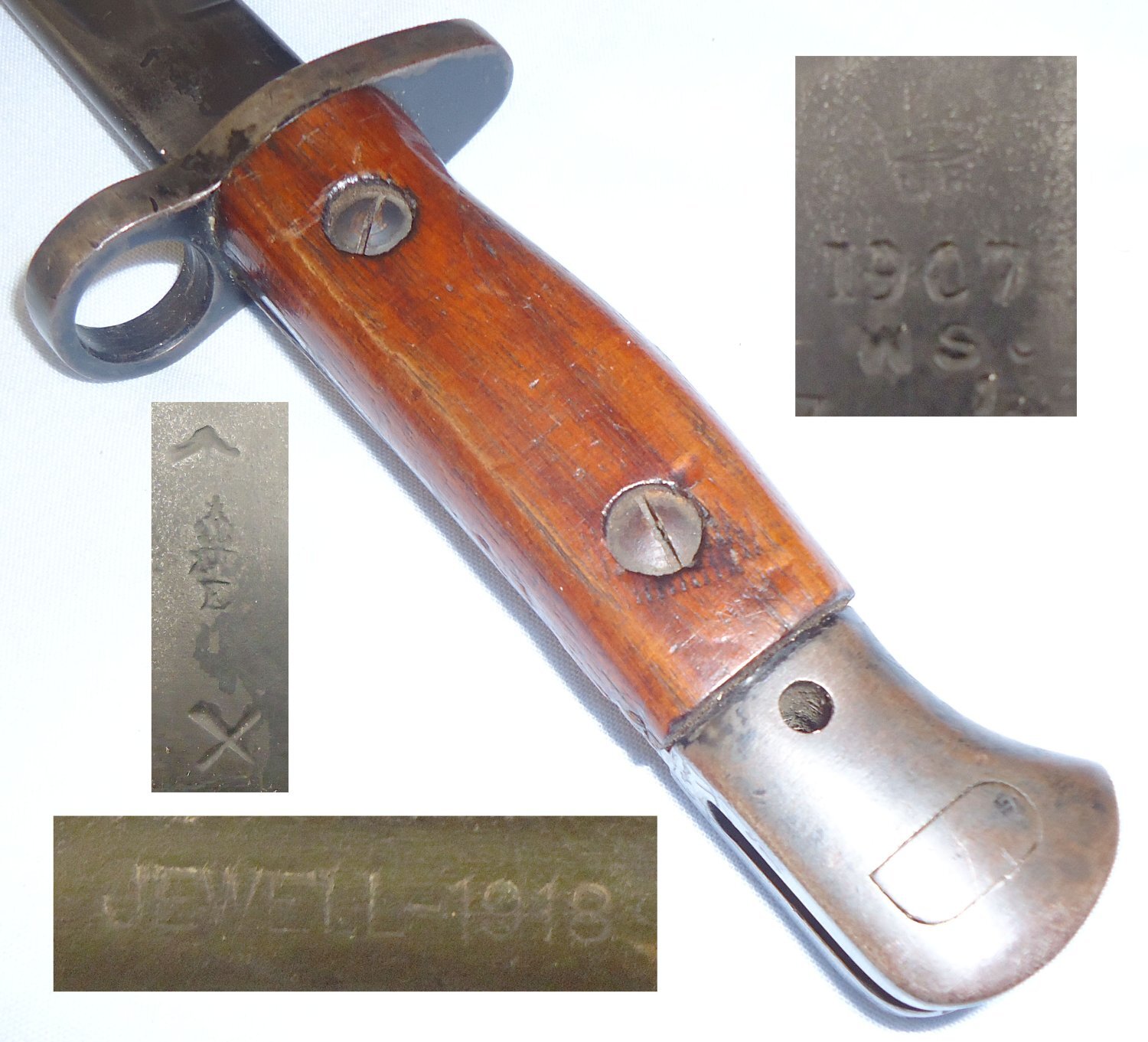 WWI British Home guard P1907 by Manufacturer Sanderson and First Pattern Scabbard by Jewell with U.S. Fittings and Home Guard Frog. 22426:55. Bayonet