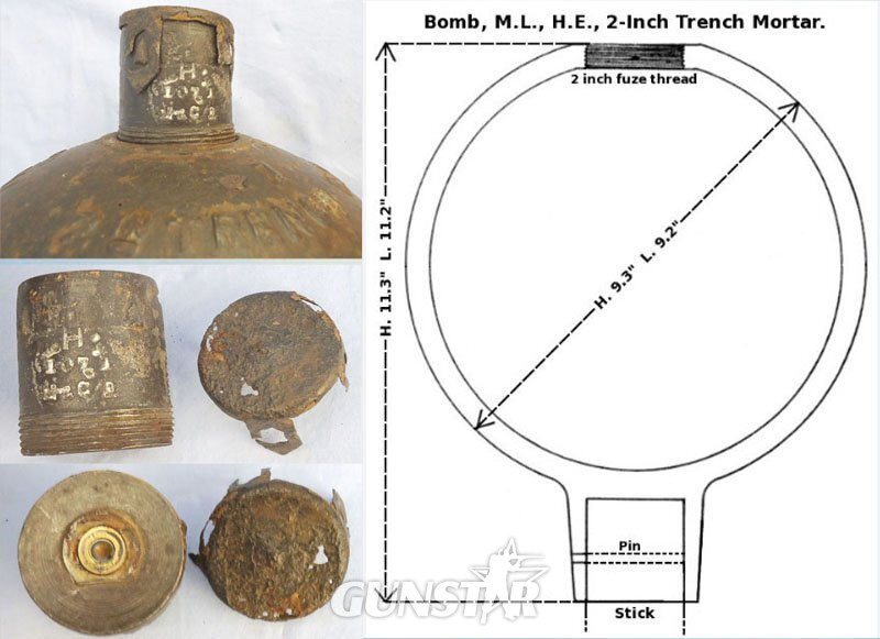 INERT DEACTIVATED. Original, 1917 Dated, British, High Explosive (HE) 2 Inch Medium Trench Mortor. - O 2238 INERT DEACTIVATED. Original, 1917 Dated, British, High Explosive (HE) 2 Inch Medium Trench Mortor. - O 2238  Other Ammunition