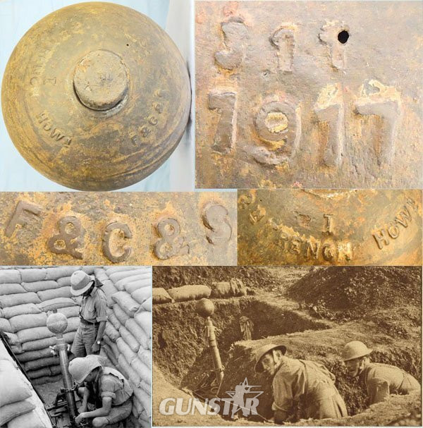  INERT DEACTIVATED. Original, 1917 Dated, British, High Explosive (HE) 2 Inch Medium Trench Mortor. - O 2238 INERT DEACTIVATED. Original, 1917 Dated, British, High Explosive (HE) 2 Inch Medium Trench Mortor. - O 2238  Other Ammunition