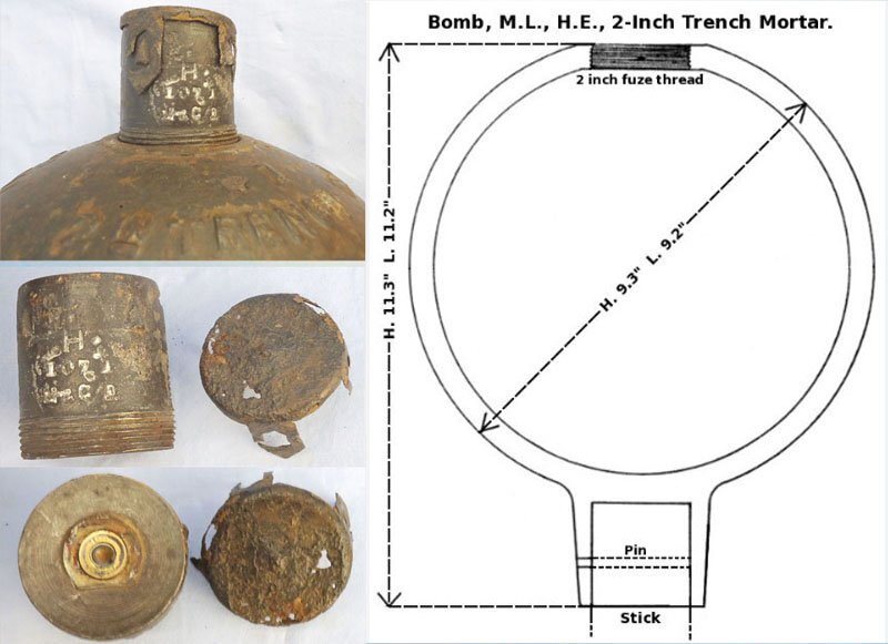 INERT DEACTIVATED. Original, 1917 Dated, British, High Explosive (HE) 2 Inch Medium Trench Mortor. - O 2238 INERT DEACTIVATED. Original, 1917 Dated, British, High Explosive (HE) 2 Inch Medium Trench Mortor. - O 2238  Other Ammunition