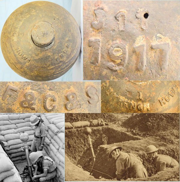  INERT DEACTIVATED. Original, 1917 Dated, British, High Explosive (HE) 2 Inch Medium Trench Mortor. - O 2238 INERT DEACTIVATED. Original, 1917 Dated, British, High Explosive (HE) 2 Inch Medium Trench Mortor. - O 2238  Other Ammunition