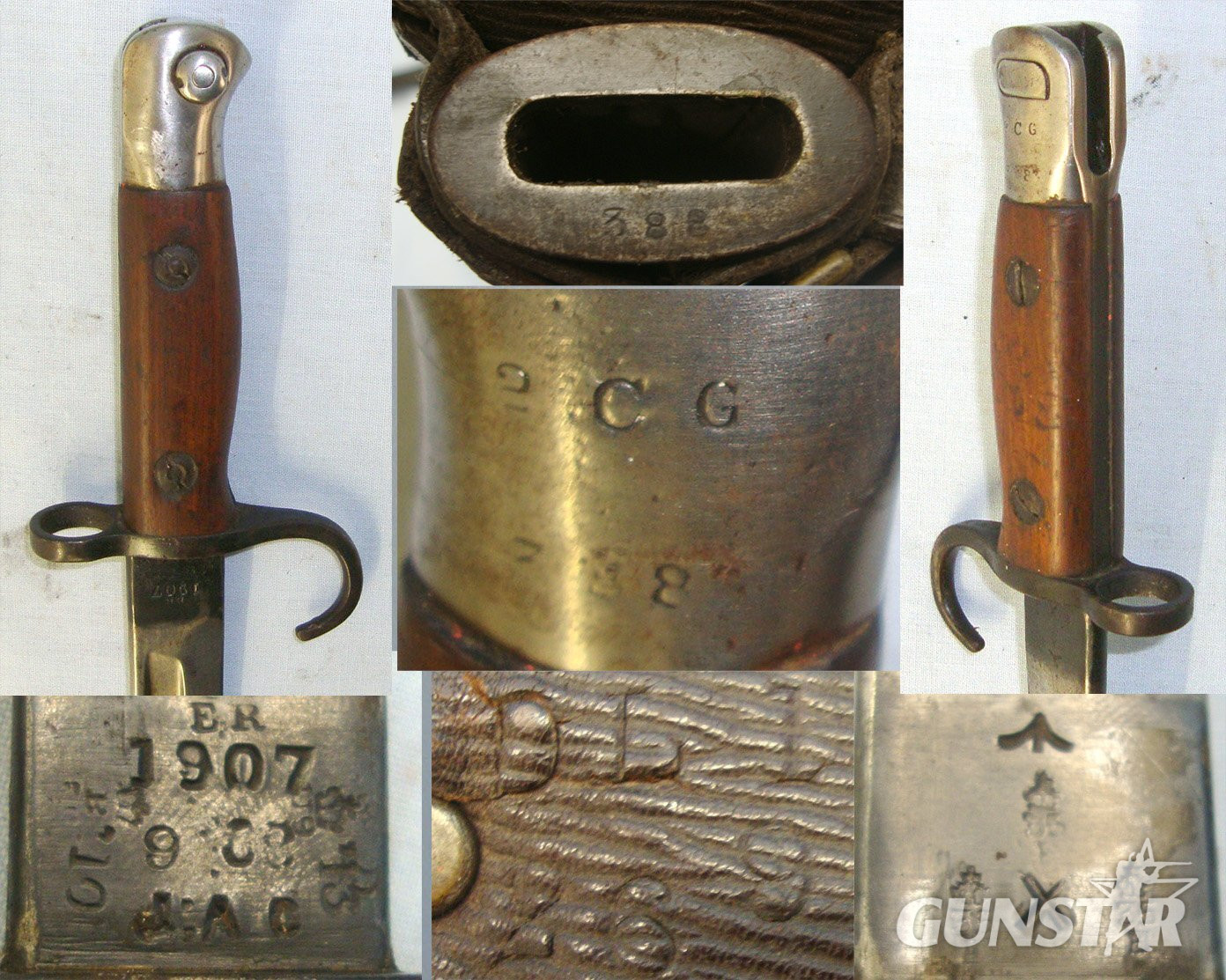 MATCHING NUMBERS**RARE MAKER**Pre WW1 1910 Dated 1st Pattern JAC (James A. Chapman), Hook Quillion P1907 Bayonet Regiment Marked \'2 CG\' To The 2nd Battalion Coldstream Guards, 1st Type Scabbard & 1914 Pattern Leather Frog Regiment Marked DLI To The Durh Bayonet