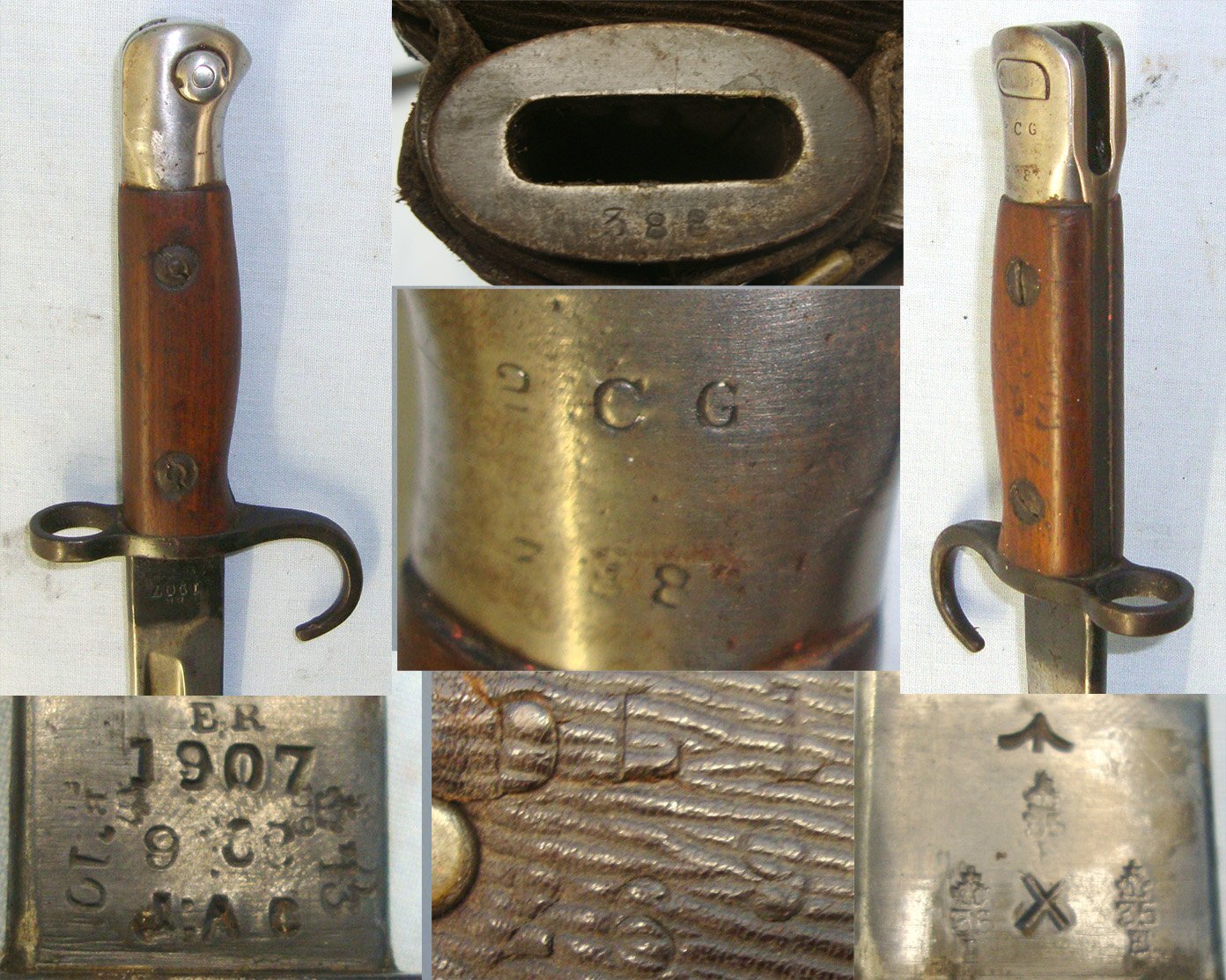 MATCHING NUMBERS**RARE MAKER**Pre WW1 1910 Dated 1st Pattern JAC (James A. Chapman), Hook Quillion P1907 Bayonet Regiment Marked \'2 CG\' To The 2nd Battalion Coldstream Guards, 1st Type Scabbard & 1914 Pattern Leather Frog Regiment Marked DLI To The Durh Bayonet