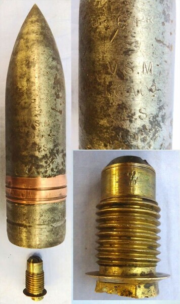 DEACTIVATED INERT. RARE, British Unfired WW 1, 1918 Dated, Naval Vickers 3 Pounder, (47x411R) High Explosive Common Pointed Round. - O 1831 DEACTIVATED INERT. RARE, British Unfired WW 1, 1918 Dated, Naval Vickers 3 Pounder, (47x411R) High Explosive Common Pointed Round. - O 1831  Other Ammunition