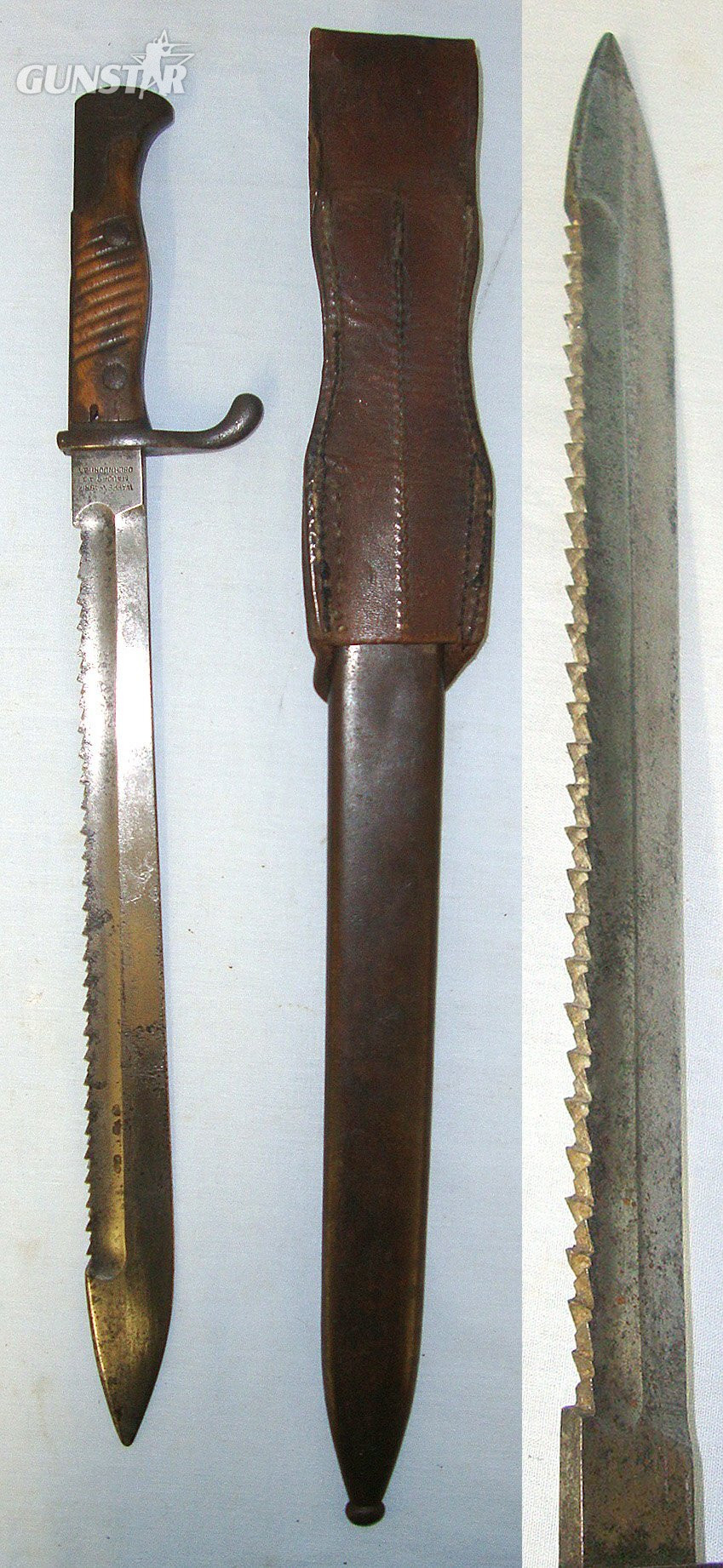  AS FOUND**WW1 1916 Imperial German Waffenfabrik Mauser Pattern 98/05 Sawback 'Butcher Bayonet' With Scabbard & Leather Frog. Sn 23253 Bayonet