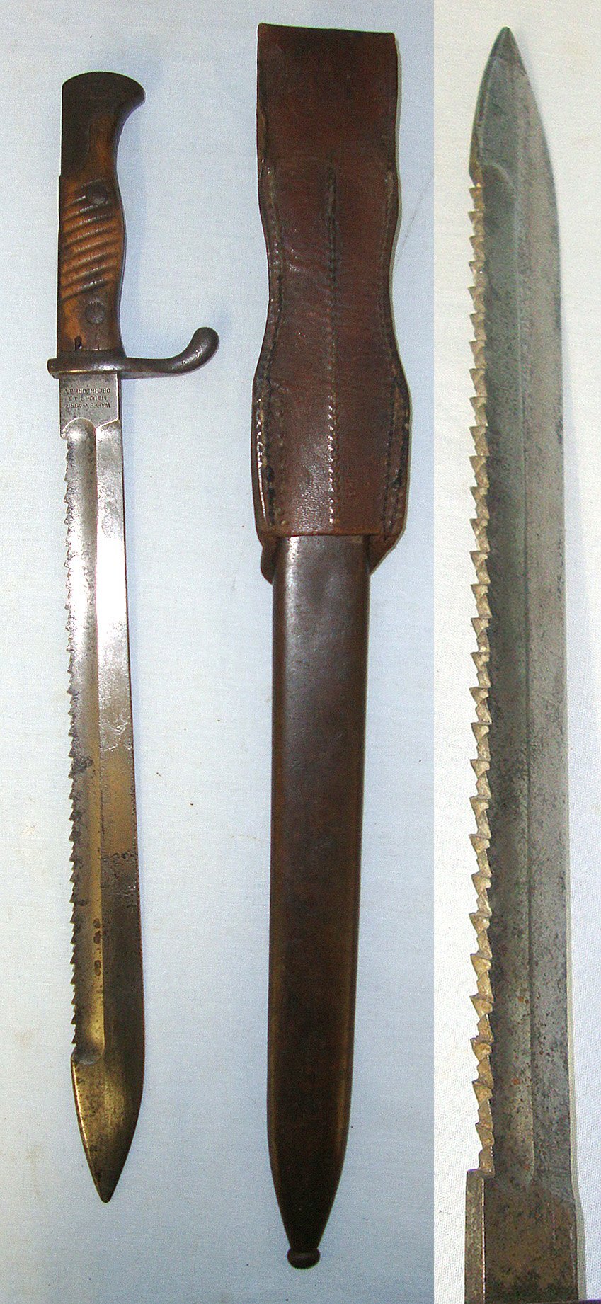  AS FOUND**WW1 1916 Imperial German Waffenfabrik Mauser Pattern 98/05 Sawback 'Butcher Bayonet' With Scabbard & Leather Frog. Sn 23253 Bayonet