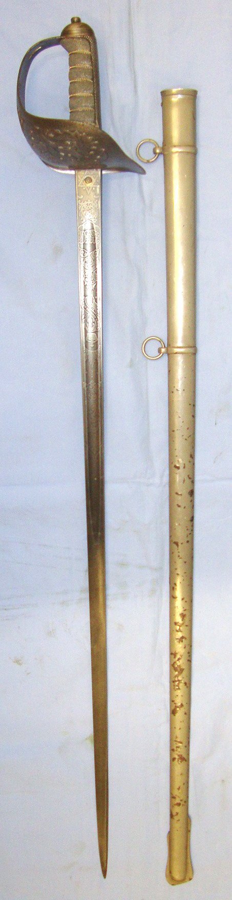  1901-1910 British 4th Volunteer Battalion Cheshire Regiment 1897 Pattern Infantry Officer\\\'s Sword With Blued & Etched Blade By Hobson & Sons London & Scabbard. Sn 22426:56 Sword