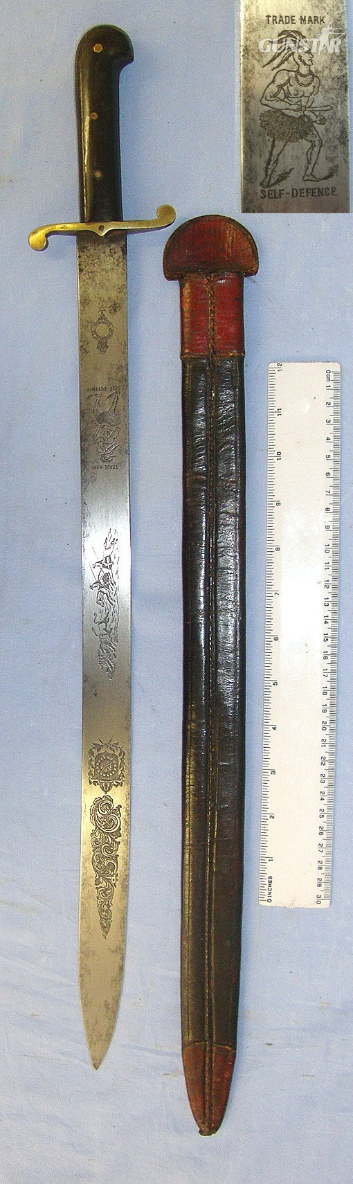 C1860’s Victorian Era British Jas (James) Burnand & Co Sheffield ‘Native Indian Self Defence’ Trade Mark South American Export Gaucho Cowboy Horseman’s Side Arm / Short Sword With Gaucho Cattle Herding Scene Etched Blade & Scabbard. Sn 23558 Sword in 