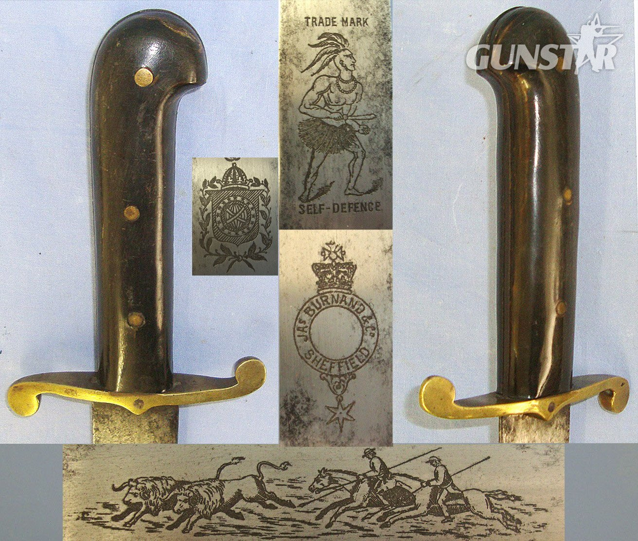 C1860’s Victorian Era British Jas (James) Burnand & Co Sheffield ‘Native Indian Self Defence’ Trade Mark South American Export Gaucho Cowboy Horseman’s Side Arm / Short Sword With Gaucho Cattle Herding Scene Etched Blade & Scabbard. Sn 23558 Sword