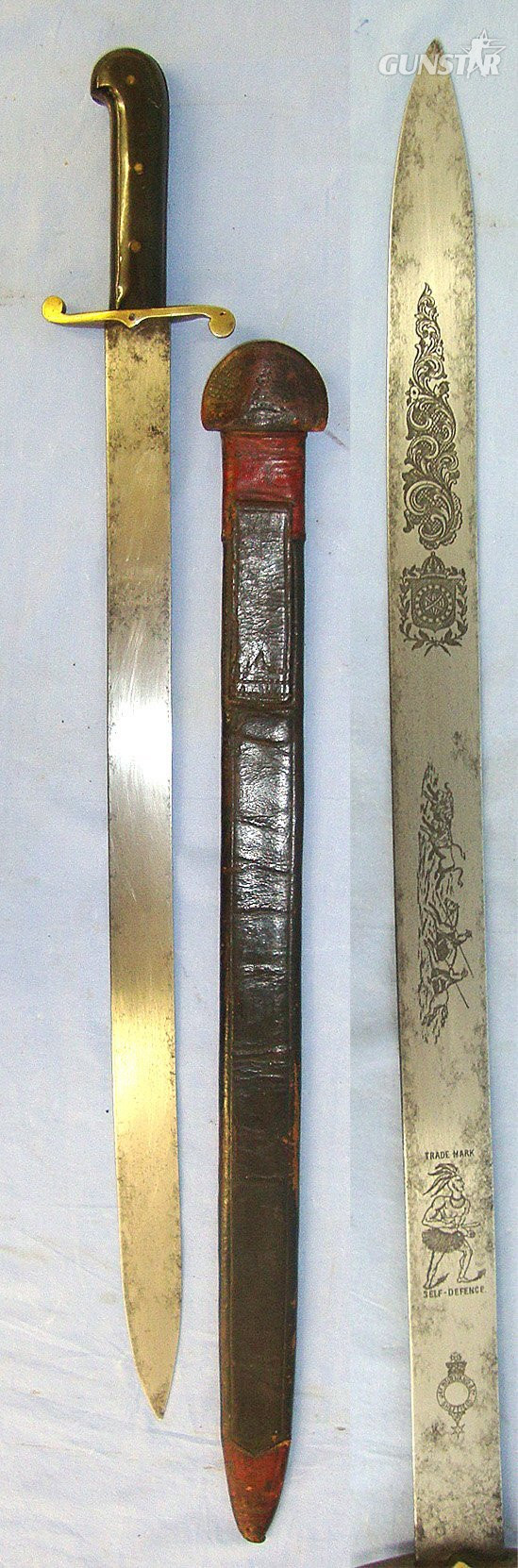  C1860’s Victorian Era British Jas (James) Burnand & Co Sheffield ‘Native Indian Self Defence’ Trade Mark South American Export Gaucho Cowboy Horseman’s Side Arm / Short Sword With Gaucho Cattle Herding Scene Etched Blade & Scabbard. Sn 23558 Sword