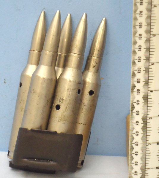 {CATEGORY} - INERT DEACTIVATED. Russian, PRTS 14.5mm Anti-Tank Rifle Clip Of 5 Dummy Rounds. Sn - 20080 INERT DEACTIVATED. Russian, PRTS 14.5mm Anti-Tank Rifle Clip Of 5 Dummy Rounds. Sn - 20080  Other Ammunition in 