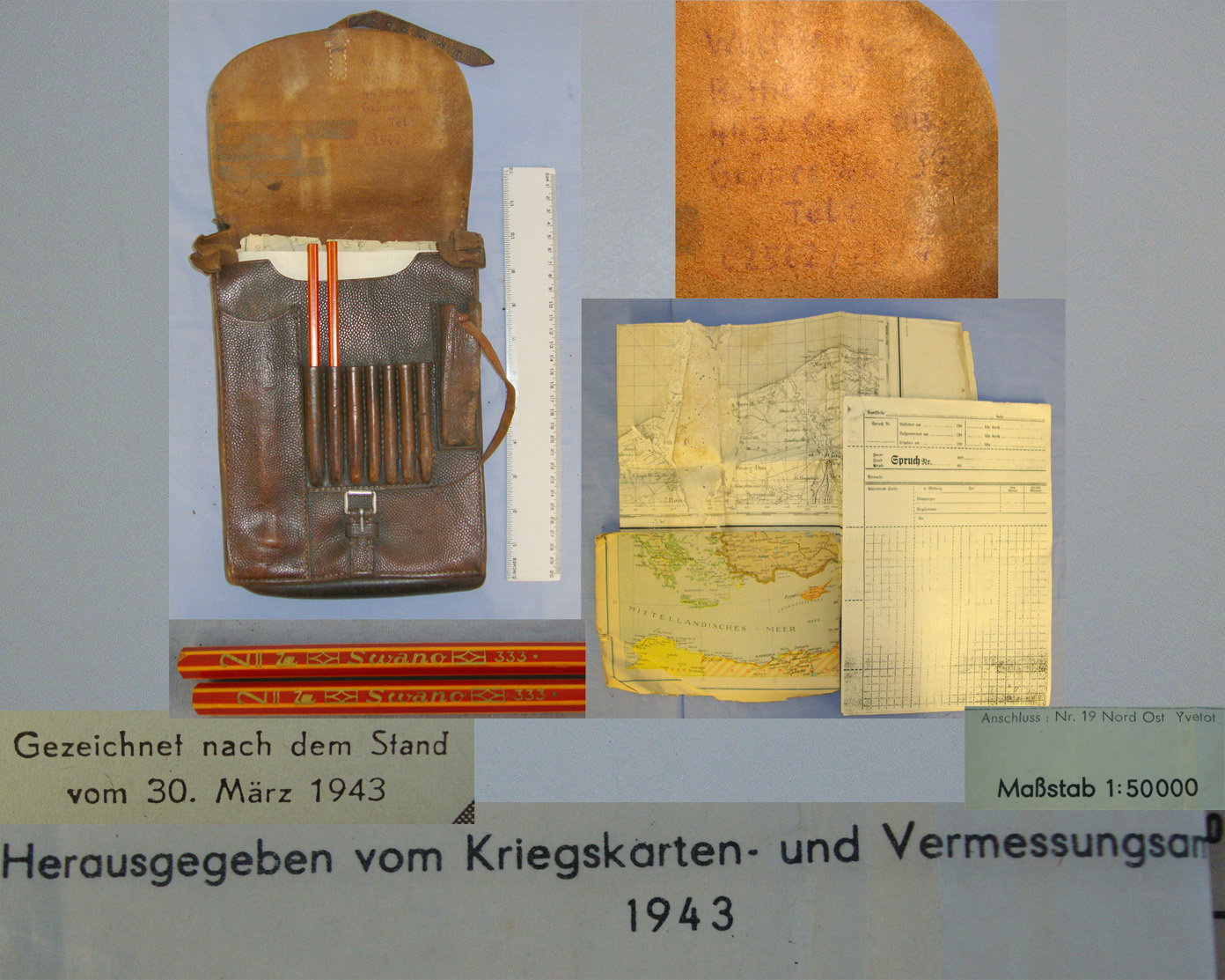WW2 Era Nazi German Army Officer’s Leather Map Case With 2 1943 dated Maps ‘Ostfront Mit Nahen Osten (Eastern Front With Middle East) & Nr 10 Sud Ost St Valery (South East France) Map Log Sheets & 2 Original Period Pencils. Sn 20930  Other Accessory