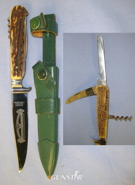 QUALITY**German Hand Made Hubertus Knife Company Multi-Tool Hunting Knife With Rostfrei (Stainless / Stain Resistant) Saw Section Steel Blade, Stag Antler Scales With Folding Blades / Tools & Leather Scabbard With Belt Frog Hunting Knive in 