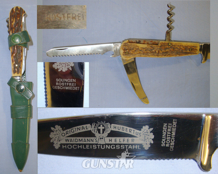 QUALITY**German Hand Made Hubertus Knife Company Multi-Tool Hunting Knife With Rostfrei (Stainless / Stain Resistant) Saw Section Steel Blade, Stag Antler Scales With Folding Blades / Tools & Leather Scabbard With Belt Frog Hunting Knive