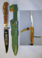 QUALITY**German Hand Made Hubertus Knife Company Multi-Tool Hunting Knife With Rostfrei (Stainless / Stain Resistant) Saw Section Steel Blade, Stag Antler Scales With Folding Blades / Tools & Leather Scabbard With Belt Frog Hunting Knive