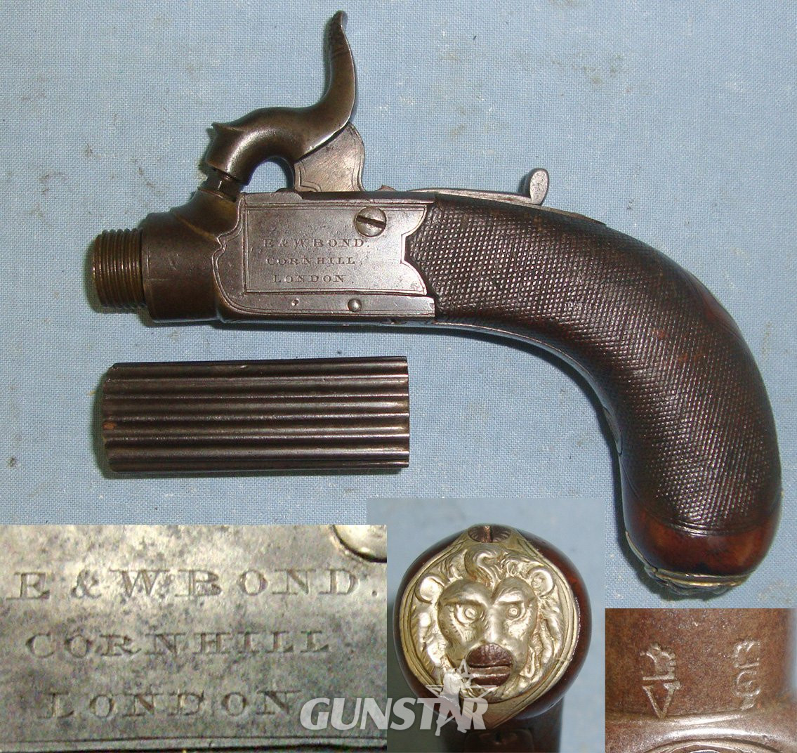 William Bond With Screw Off Fluted Barrel, Concealed Folding Trigger & White Metal Lion’s Head Butt Cap. Sn 22426:16 .50 Cal Muzzleloader Muzzleloader