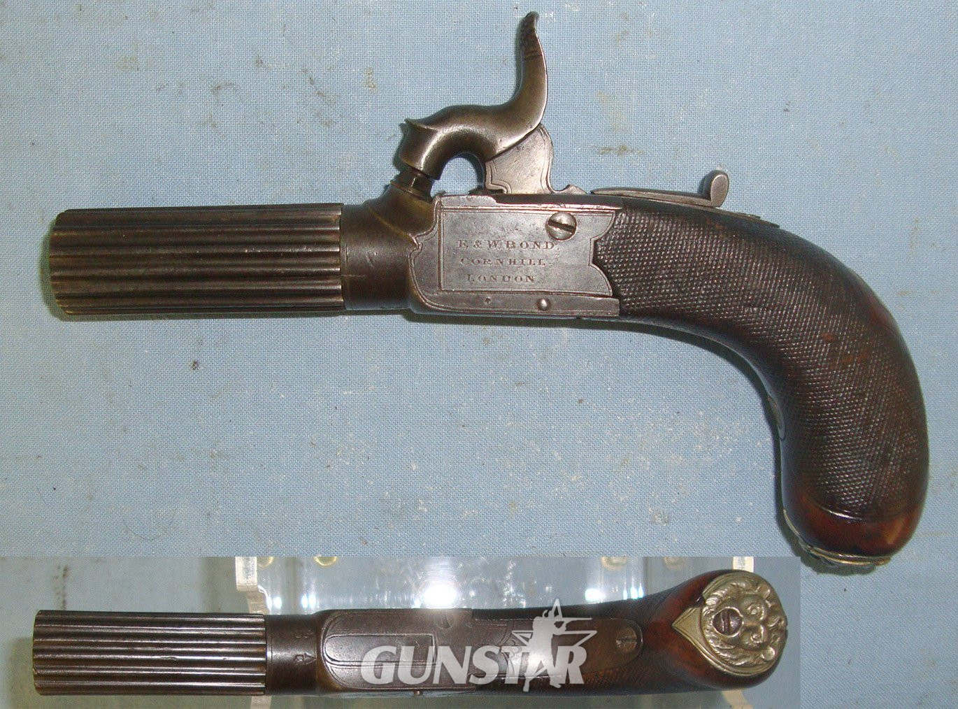  William Bond With Screw Off Fluted Barrel, Concealed Folding Trigger & White Metal Lion’s Head Butt Cap. Sn 22426:16 .50 Cal Muzzleloader Muzzleloader