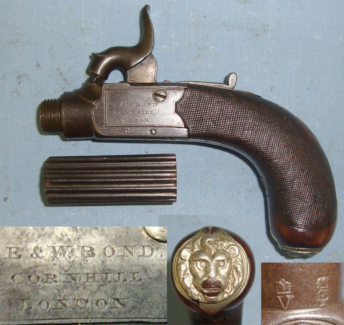 William Bond With Screw Off Fluted Barrel, Concealed Folding Trigger & White Metal Lion’s Head Butt Cap. Sn 22426:16 .50 Cal Muzzleloader Muzzleloader