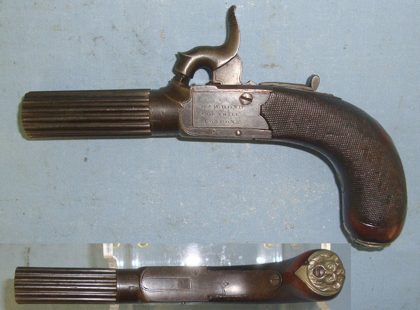  William Bond With Screw Off Fluted Barrel, Concealed Folding Trigger & White Metal Lion’s Head Butt Cap. Sn 22426:16 .50 Cal Muzzleloader Muzzleloader