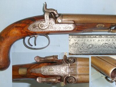 QUALITY MAKER**C1860 English Victorian Westley Richards London English Double Damascus Barrelled 15 Bore Percussion ‘Howdah’ Pistol With Captive Steel Ram Rod. Sn 22539 None Muzzleloader