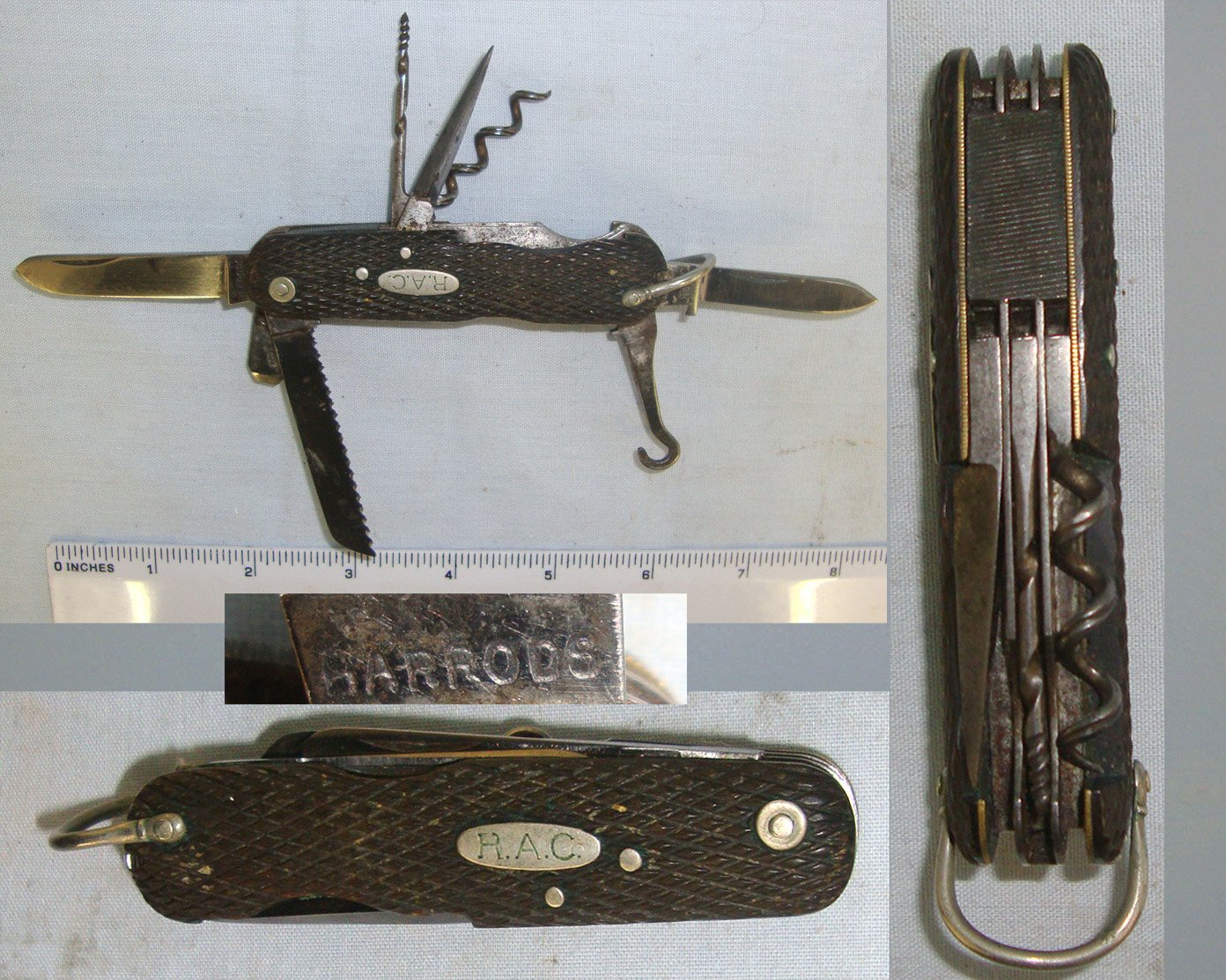 WW1 Era British Royal Automobile Club Volunteer Force (aka \"RAC Corps of Volunteer Motor Drivers\") Officer’s Private Purchase Hand Forged Sheffield Made Folding Multi Blade / Tool Clasp Knife Retailed By Harrods (The Famous Knightsbridge London Store) Knive
