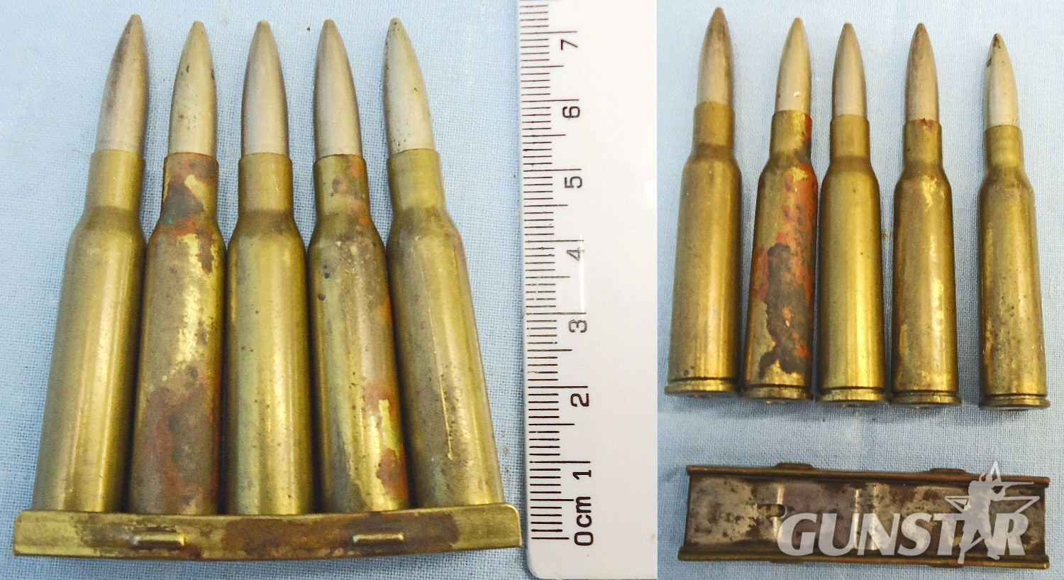 INERT DEACTIVATED. WW2, Japanese 6.5mm (6.5x50SR) Arisaka 5 Ball Rounds in a Brass and Steel Stripper Clip. O 2311 INERT DEACTIVATED. WW2, Japanese 6.5mm (6.5x50SR) Arisaka 5 Ball Rounds in a Brass and Steel Stripper Clip. O 2311 Various Other Ammunition in 