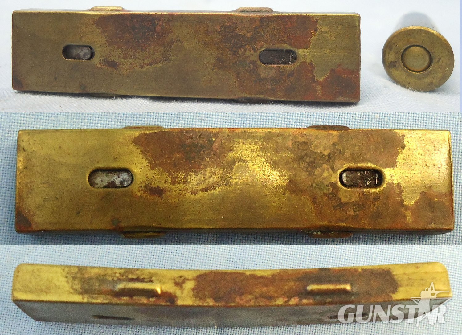  INERT DEACTIVATED. WW2, Japanese 6.5mm (6.5x50SR) Arisaka 5 Ball Rounds in a Brass and Steel Stripper Clip. O 2311 INERT DEACTIVATED. WW2, Japanese 6.5mm (6.5x50SR) Arisaka 5 Ball Rounds in a Brass and Steel Stripper Clip. O 2311 Various Other Ammunition