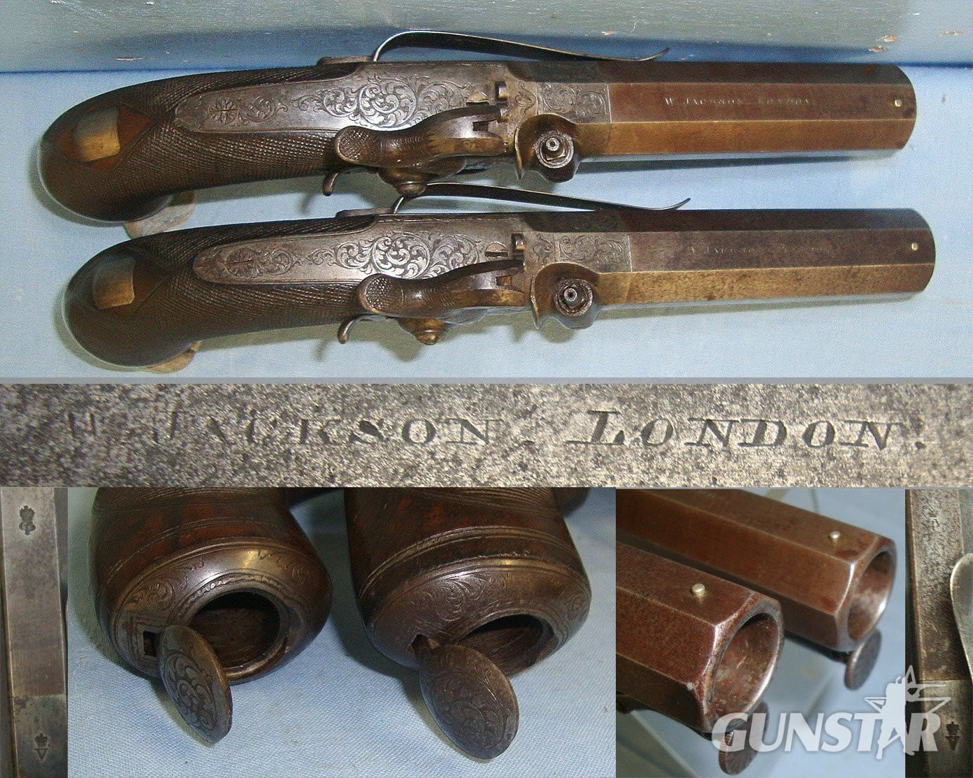 JOHN MANTON CONNECTIONS**QUALITY**C1830 Pair Of English William Jackson London 22 Bore Percussion Belt Pistols With Octagonal Damascus Steel Barrels & Belt Bars. Sn 23379 jackson None Muzzleloader in 