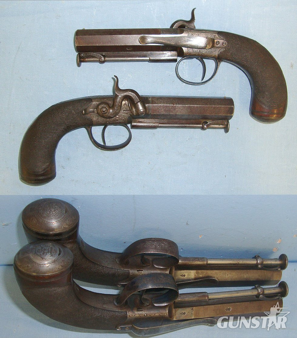  JOHN MANTON CONNECTIONS**QUALITY**C1830 Pair Of English William Jackson London 22 Bore Percussion Belt Pistols With Octagonal Damascus Steel Barrels & Belt Bars. Sn 23379 jackson None Muzzleloader