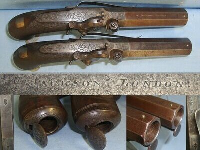 JOHN MANTON CONNECTIONS**QUALITY**C1830 Pair Of English William Jackson London 22 Bore Percussion Belt Pistols With Octagonal Damascus Steel Barrels & Belt Bars. Sn 23379 jackson None Muzzleloader